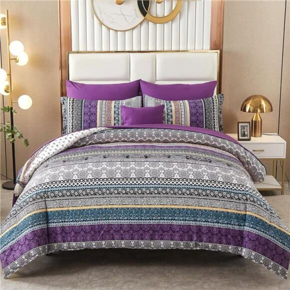 Boho Comforter Set Queen Size,8 Piece Bed in a Bag Bohemian Striped Bedding - Picture 8 of 14